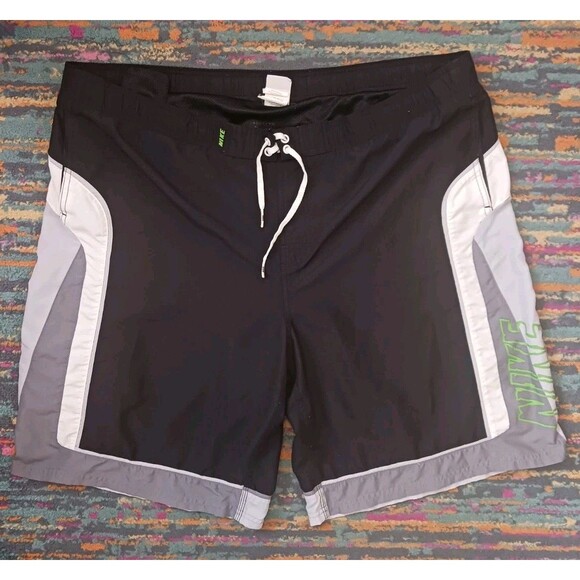 NIKE Swim Shorts Mens 2XL Black Gray Boardshorts Lined Spellout Y2K Swoosh - Picture 1 of 7